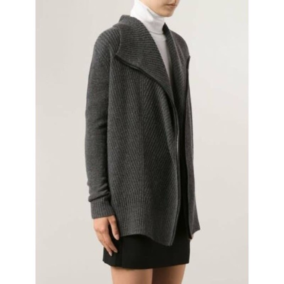 Vince Charcoal Grey Wool Cashmere Blend Open Front Leather Trimmed Cardigan - Picture 2 of 10